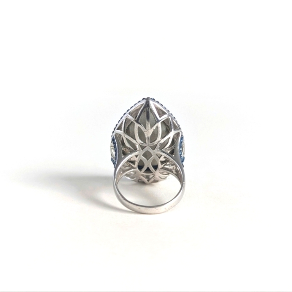 Blue Pear-Shape Facetted Glass Sterling Silver Pave Halo, Shoulders Ring sz9 - Picture 6 of 13